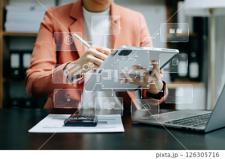 Woman using chat bot in smartphone intelligence Ai. Chat with AI Artificial Intelligence, developed by OpenAI generate. robot in online system Woman using chat bot in smartphone intelligence Ai. Chat with AI Artificial Intelligence, developed by OpenAI generate. robot in online system 126305716