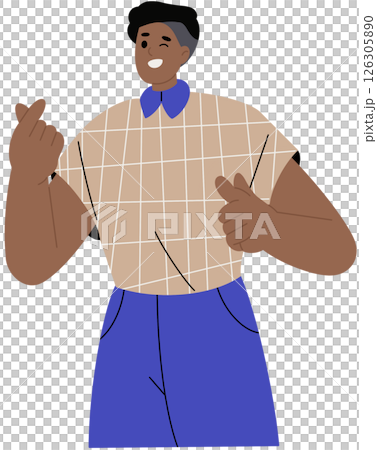 Happy black boy shows hand gesture of love sign, Korean heart. Young man points forward at you, winks. Joyful person indicates on choice with index finger.  126305890