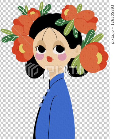 A women Floral Silence in Blue, Poise in Petals Muted Beauty in Full Bloom with a large flower on her head on white background. A women Floral Silence in Blue, Poise in Petals Muted Beauty in Full Bloom with a large flower on her head on white background. 126305893