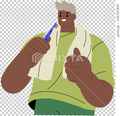 People brush teeth. Young black man holding toothbrush in hand, show thumbs up. Cleaning tooth, care about dental health, oral hygiene. Water treatments flat isolated vector illustration. People brush teeth. Young black man holding toothbrush in hand, show thumbs up. Cleaning tooth, care about dental health, oral hygiene. Water treatments flat isolated vector illustration. 126305945