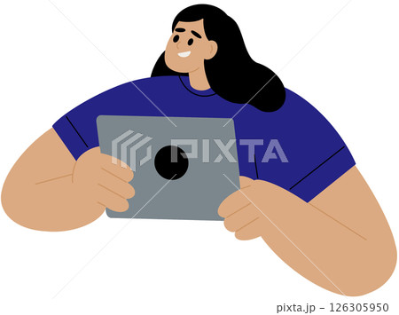 Woman with digital tablet computer in hands. Happy young female character holding pad device, gadget. Smiling excited student using technology. Flat vector illustration isolated on white background. 126305950