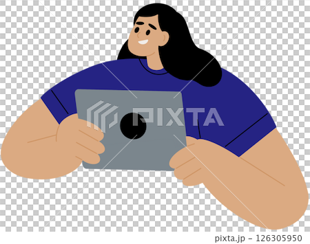 Woman with digital tablet computer in hands. Happy young female character holding pad device, gadget. Smiling excited student using technology. Flat vector illustration isolated on white background. 126305950