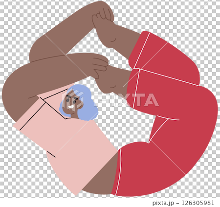 Black Woman in Floor Bow asana, yoga pose. Flexible girl stretching in Dhanurasana posture, position. Female training, practicing body workout. Flat vector illustration isolated on white background 126305981