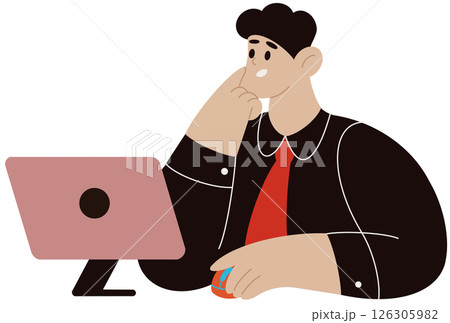 Office person working PC. Man sitting at computer table. Businessman or manager occupation. Professional workplace. Corporate executive worker. Programmers job. Young employee vector simple drawing 126305982