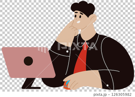 Office person working PC. Man sitting at computer table. Businessman or manager occupation. Professional workplace. Corporate executive worker. Programmers job. Young employee vector simple drawing 126305982