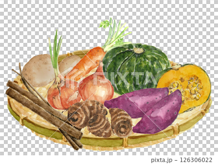 以水彩手繪的白色背景上各種冬季蔬菜的插圖，可供剪切，並留有影印空間 126306022