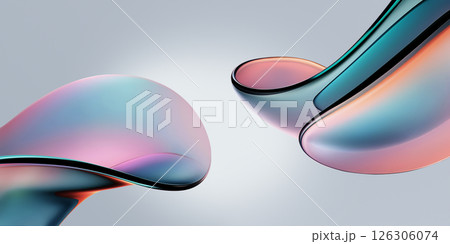Colorful glass shapes twist and flow against a soft gradient background, creating an abstract composition that evokes a sense of fluidity and modern design. 126306074