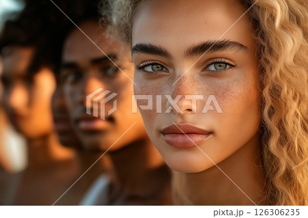 Blonde woman with defined brows and freckles looks ahead while others stand blurred in background Blonde woman with defined brows and freckles looks ahead while others stand blurred in background 126306235