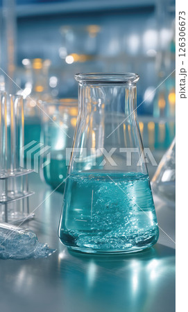 Laboratory glassware with turquoise liquid, test tubes, clean science lab, chemistry experiment 126306673