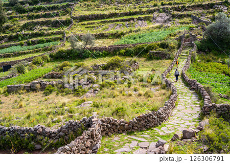 Pre-Inca archaeological site on Taquile Island, Lake Titicaca, Peru 126306791
