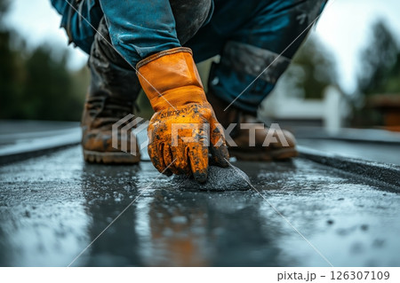 Extreme close-up of a womans face with light blue eyes and protective goggles in a clean setting. 126307109