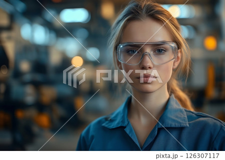 Extreme close-up of a womans face with light blue eyes and protective goggles in a clean setting. Extreme close-up of a womans face with light blue eyes and protective goggles in a clean setting. 126307117