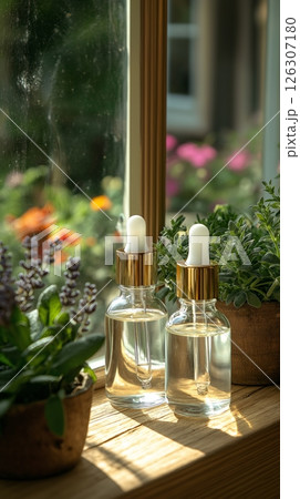 Extreme close-up of a womans face with light blue eyes and protective goggles in a clean setting. Extreme close-up of a womans face with light blue eyes and protective goggles in a clean setting. 126307180