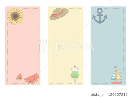 シンプルでナチュラルな夏アイテムのフレームセット：主線あり・長方形・縦書き・3種類 126307212