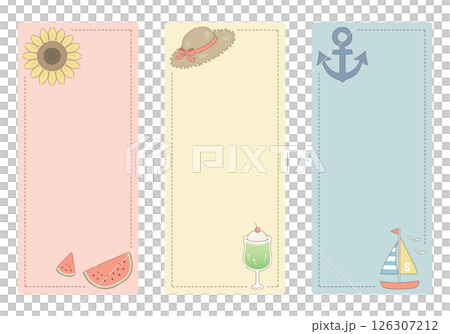 シンプルでナチュラルな夏アイテムのフレームセット：主線あり・長方形・縦書き・3種類 126307212