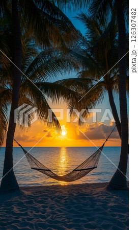 A hammock stretches between palm trees on the beach, glowing under a fiery tropical sunset sky A hammock stretches between palm trees on the beach, glowing under a fiery tropical sunset sky 126307482