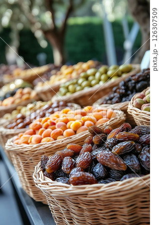 Multiple baskets of dried fruits and olives on an outdoor stand with trees blurred in the background Multiple baskets of dried fruits and olives on an outdoor stand with trees blurred in the background 126307509