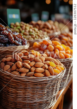 Almonds and dried apricots in a woven basket surrounded by various other nuts and fruits in soft light Almonds and dried apricots in a woven basket surrounded by various other nuts and fruits in soft light 126307512