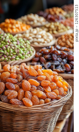 Golden raisins in a basket with other dried fruits and nuts lined up in soft focus behind it Golden raisins in a basket with other dried fruits and nuts lined up in soft focus behind it 126307513