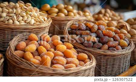 Close-up of wicker baskets overflowing with dried apricots, dates, pistachios, and brown fruits. Close-up of wicker baskets overflowing with dried apricots, dates, pistachios, and brown fruits. 126307522