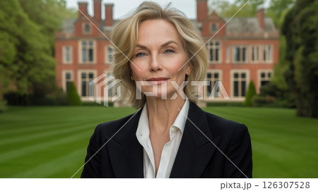 Mature woman in a black suit and white shirt smiles gently with a large estate behind her on a lawn Mature woman in a black suit and white shirt smiles gently with a large estate behind her on a lawn 126307528