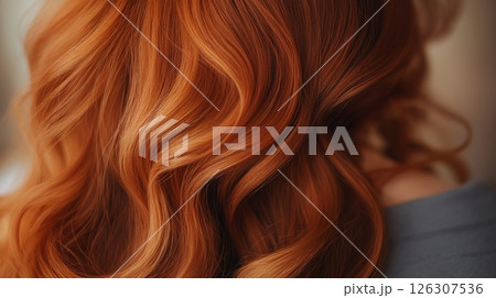 Close-up of soft, shiny red waves with detailed texture and light reflecting on the healthy strands 126307536