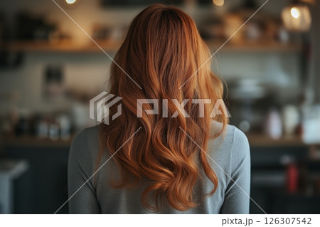 A woman with voluminous red waves viewed from behind in a cozy room with warm tones and bokeh 126307542