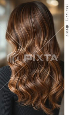 Long brunette hair with soft, shiny waves, flowing down the back against a softly lit background Long brunette hair with soft, shiny waves, flowing down the back against a softly lit background 126307551