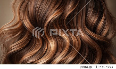Close-up of multi-toned brown waves with deep shine and defined texture, filling the entire frame 126307553
