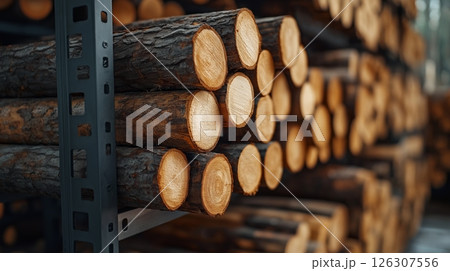 Close-up view of round wooden logs stored on black racks, revealing smooth cuts and bark details Close-up view of round wooden logs stored on black racks, revealing smooth cuts and bark details 126307556