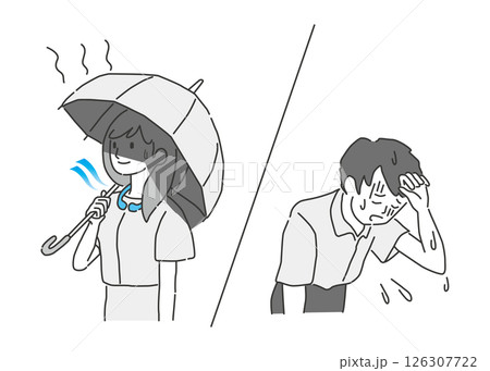 日傘をさしている女性と暑さで体調が悪い男性 126307722