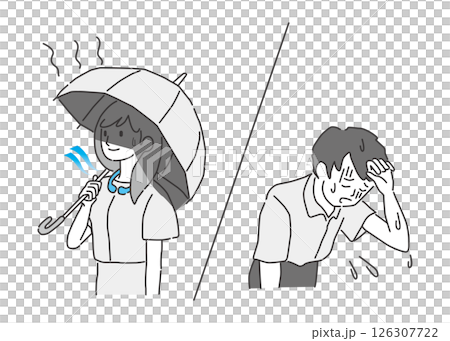 日傘をさしている女性と暑さで体調が悪い男性 126307722