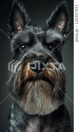 Full view of a schnauzers face and chest, with trimmed fur and symmetrical white markings Full view of a schnauzers face and chest, with trimmed fur and symmetrical white markings 126307831