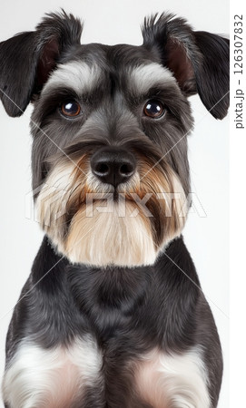 Full view of a schnauzers face and chest, with trimmed fur and symmetrical white markings 126307832