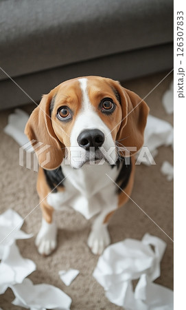 Full view of a schnauzers face and chest, with trimmed fur and symmetrical white markings 126307833