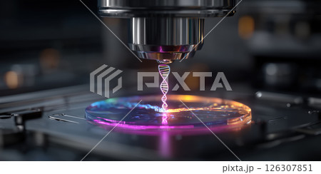 Holographic DNA strand under microscope in digital laboratory, futuristic science concept Holographic DNA strand under microscope in digital laboratory, futuristic science concept 126307851