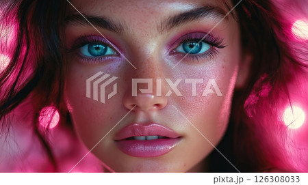 Freckled cheeks and glowing blue eyes, softly lit with pink neon tones and natural sparkle Freckled cheeks and glowing blue eyes, softly lit with pink neon tones and natural sparkle 126308033
