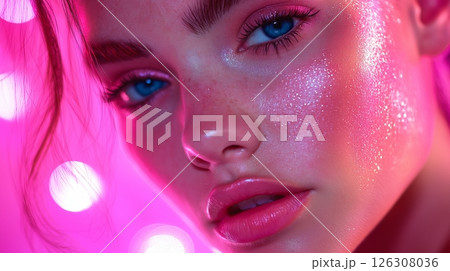 Blue eyes framed by sparkly skin and glossy lips under pink neon light with visible glitter flecks 126308036
