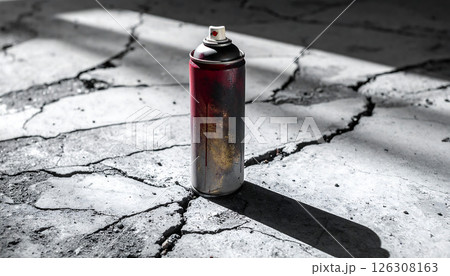 A weathered spray paint can stands on cracked concrete, casting a long shadow in harsh sunlight. Red paint drips. 126308163