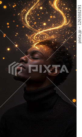 Golden sparkles swirl around a young persons head as they tilt back in peaceful stillness 126308291