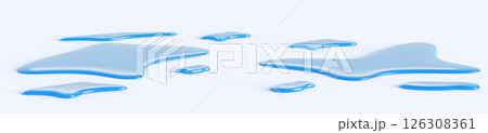 Water liquid puddles on floor isolated 3d render icon set. Blue stains and drops of rain, melt ice or spill drink on ground surface. Wet water leak spots, aqua fluid splashes texture. 3D illustration Water liquid puddles on floor isolated 3d render icon set. Blue stains and drops of rain, melt ice or spill drink on ground surface. Wet water leak spots, aqua fluid splashes texture. 3D illustration 126308361