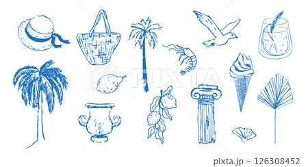 Summer seashore greek sea tourism, rest sketch drawing. Line hand drawn beach party elements. Vacation doodle tropical print. Summer seashore greek sea tourism, rest sketch drawing. Line hand drawn beach party elements. Vacation doodle tropical print. 126308452