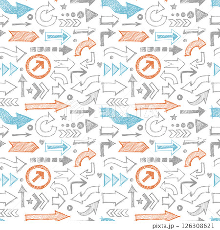 Seamless pattern of hand-drawn arrows in grey, blue and orange, pointing in various directions with dynamic shapes Seamless pattern of hand-drawn arrows in grey, blue and orange, pointing in various directions with dynamic shapes 126308621