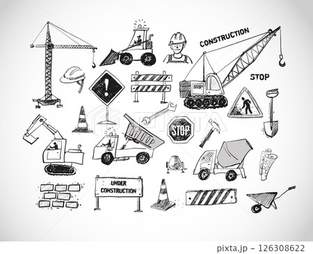 Vector doodle sketch of various heavy construction vehicles, including cranes, excavators, trucks, and loaders, in hand-drawn style on white background Vector doodle sketch of various heavy construction vehicles, including cranes, excavators, trucks, and loaders, in hand-drawn style on white background 126308622