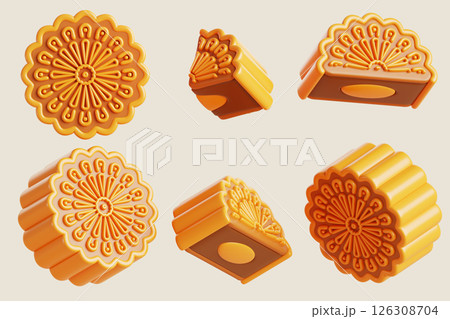 Moon cake set for mid autumn festival design. Asian sweet food with flower pattern. Mooncake whole, half and quarter. Traditional holiday gift in China, Taiwan, Japan, Korea, Vietnam. 3D illustration 126308704