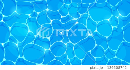 Cartoon swim pool water seamless pattern summer sea wave ripple background. Blue abstract surface with bright light reflections. Vector curved liquid shapes forming grid of pool ripple textures Cartoon swim pool water seamless pattern summer sea wave ripple background. Blue abstract surface with bright light reflections. Vector curved liquid shapes forming grid of pool ripple textures 126308742
