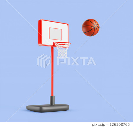 3d basketball backboard with hoop and flying ball. Render realistic rectangular panel with metal ring and net, board with basket on pole. Isolated sports equipment to play team games. 3D illustration 3d basketball backboard with hoop and flying ball. Render realistic rectangular panel with metal ring and net, board with basket on pole. Isolated sports equipment to play team games. 3D illustration 126308766