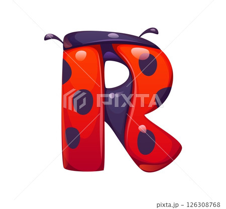 Ladybug cartoon font letter R. Garden insect font sign, spring lady bug vector kids ABC type symbol. Red ladybug beetle cartoon typeset letter or English alphabet typeface element Ladybug cartoon font letter R. Garden insect font sign, spring lady bug vector kids ABC type symbol. Red ladybug beetle cartoon typeset letter or English alphabet typeface element 126308768