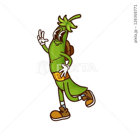 Cartoon groovy soy bean cowboy or bandit character. Isolated vector green pod dressed as Western adventurer making a peace sign with its hand. Playful and lively wild west cowpuncher sheriff personage Cartoon groovy soy bean cowboy or bandit character. Isolated vector green pod dressed as Western adventurer making a peace sign with its hand. Playful and lively wild west cowpuncher sheriff personage 126308771
