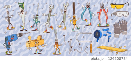 Groovy building and repair DIY tool characters, vector retro hippie renovation equipment. Cartoon groovy hammer, pliers, screwdriver and saw, glasses, gloves, funny wrench and drill characters Groovy building and repair DIY tool characters, vector retro hippie renovation equipment. Cartoon groovy hammer, pliers, screwdriver and saw, glasses, gloves, funny wrench and drill characters 126308784